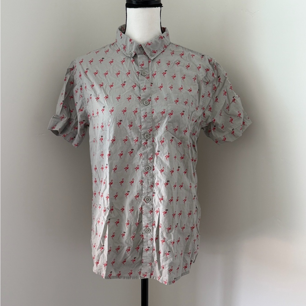 Vans Light Gray Short-Sleeve Button-Down with Flamingo Print